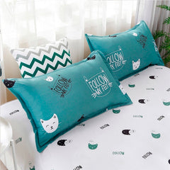 TEXLORD Home Textile Cyan Cute Cat Kitty Duvet Cover Pillow Case Bed Sheet Boy Kid Teen Girl Bedding Linens Set King Queen Twin