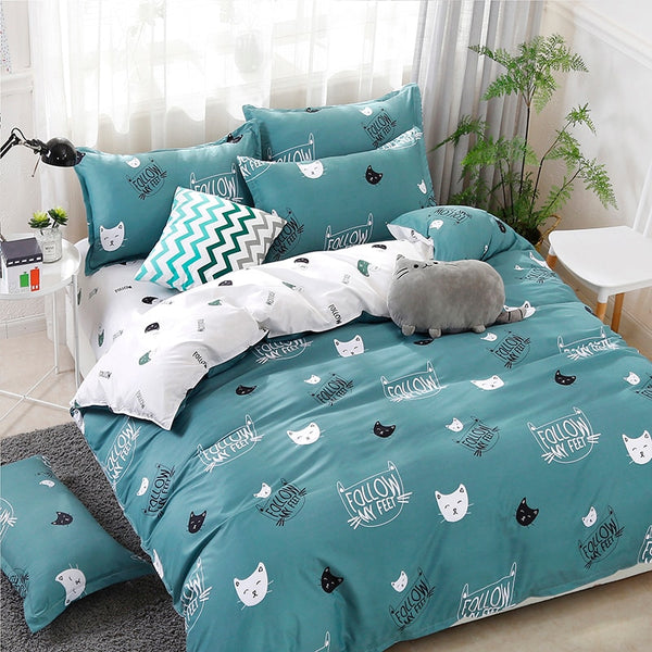 TEXLORD Home Textile Cyan Cute Cat Kitty Duvet Cover Pillow Case Bed Sheet Boy Kid Teen Girl Bedding Linens Set King Queen Twin