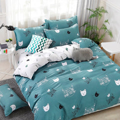 TEXLORD Home Textile Cyan Cute Cat Kitty Duvet Cover Pillow Case Bed Sheet Boy Kid Teen Girl Bedding Linens Set King Queen Twin